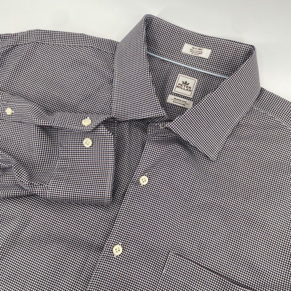 Peter Millar Dress Shirt Mens 18 Long Blue Burgundy Houndstooth Nanoluxe